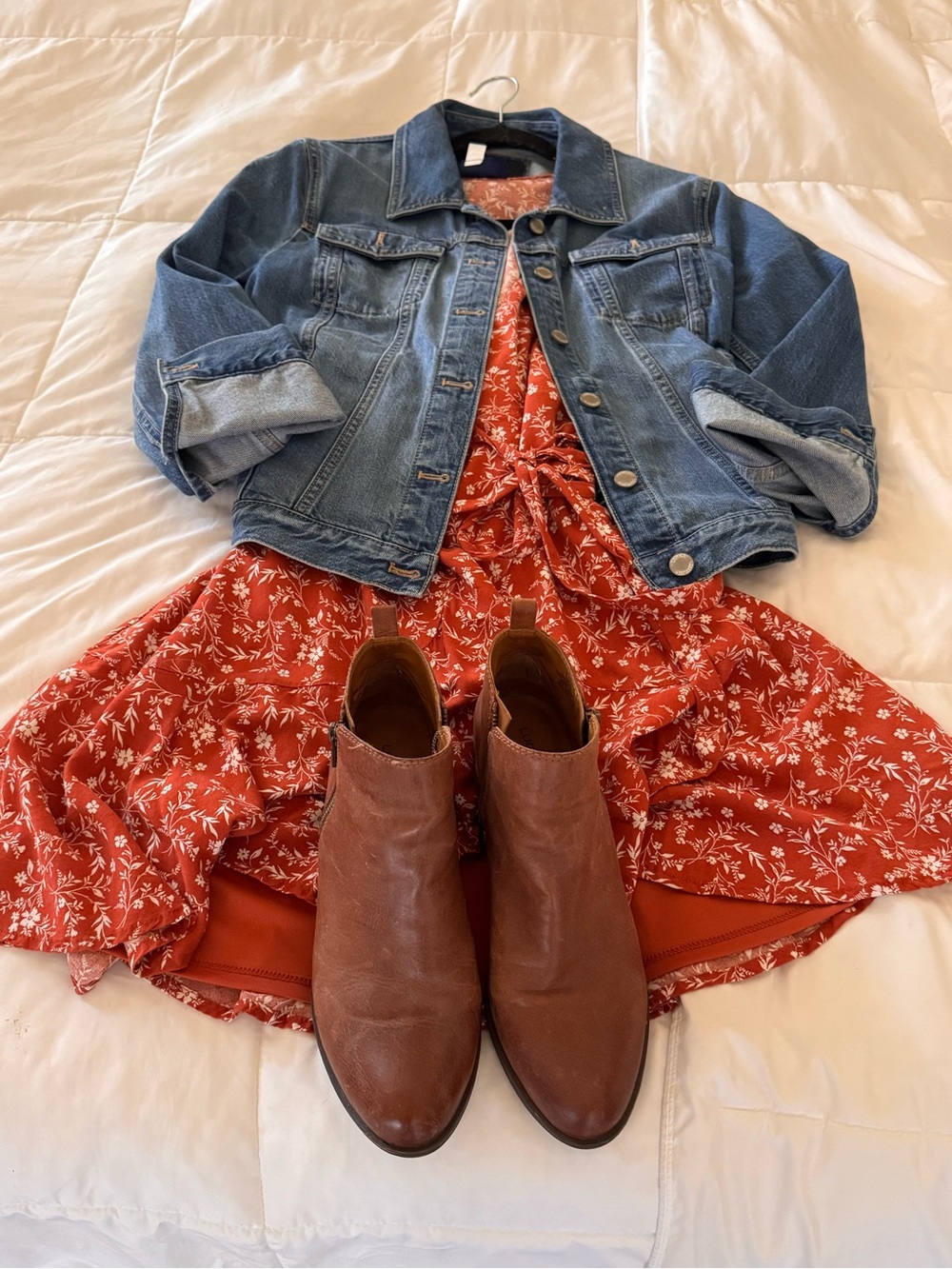 Fall outfit Banana Republic Blue Denim Jacket/pumpkin color dress/leather bootie